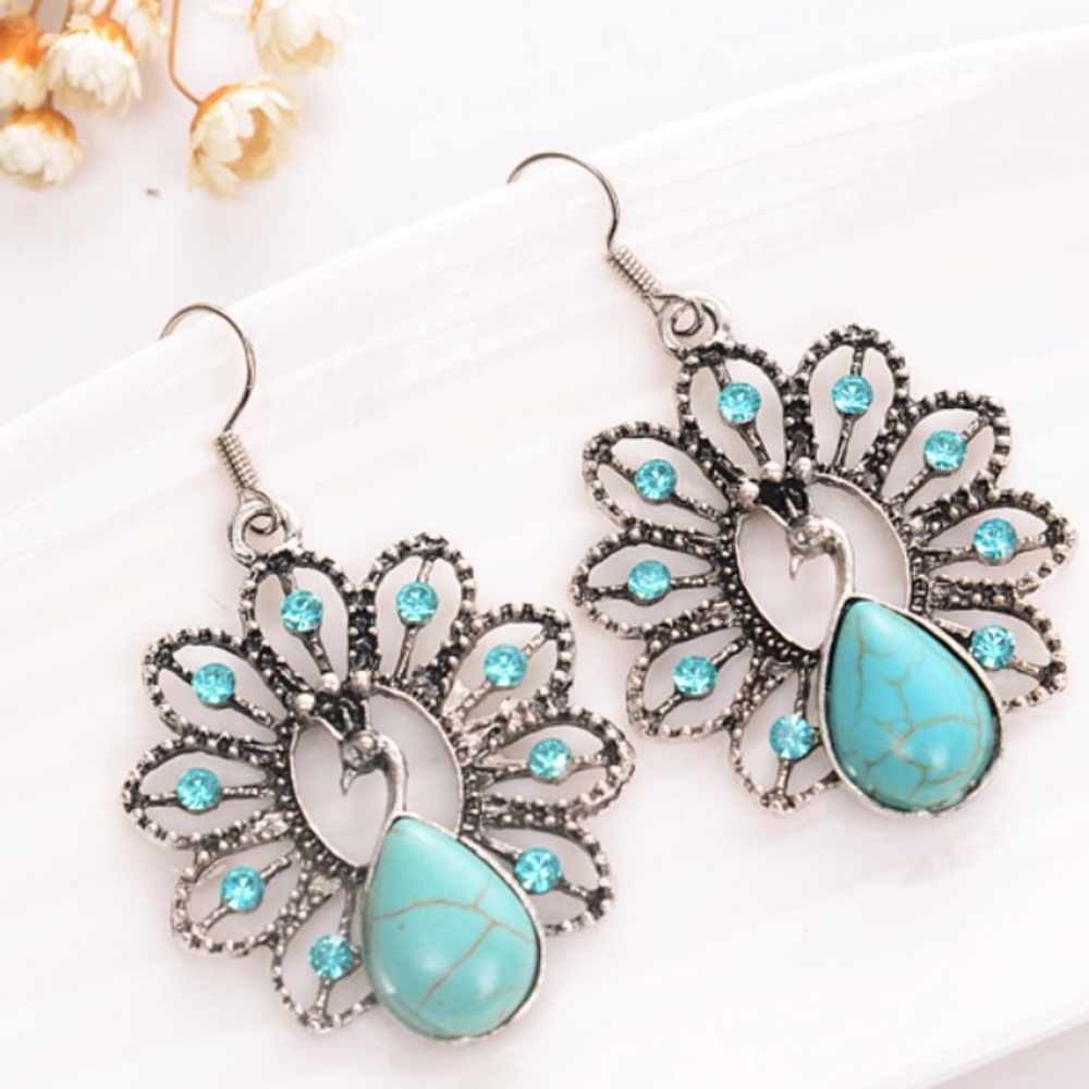Peacock Drop Earrings Boho Fake Turquoise